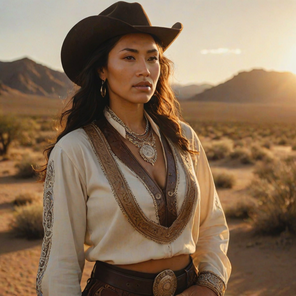 Dramatic photo of a beautiful Maori woman, classic cowboy attire, confident and free spirit expression, half-length portrait, centered, golden hour desert landscape, warm, diffused light, low angle, medium format film camera, in style of Annie Leibovitz.