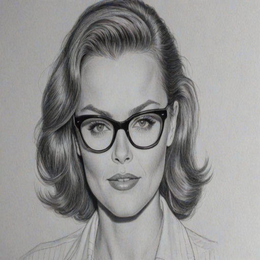 Sublime Belinda Carlisle, pencil sketch, portrait of Enticing woman 1944s in glasses, hair style beatnik, outline, clear lines, fine lines, 8k