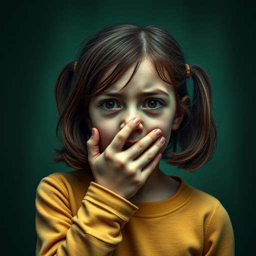 Create a high-resolution artwork featuring a girl in a dramatic pose with her hand over her mouth, expressing fear, set against a textured green background, captured with a Canon EOS R5, 50mm lens, f/1.8 aperture, ISO 100, at a 1/250 sec shutter speed, using a soft focus effect for a moody atmosphere.