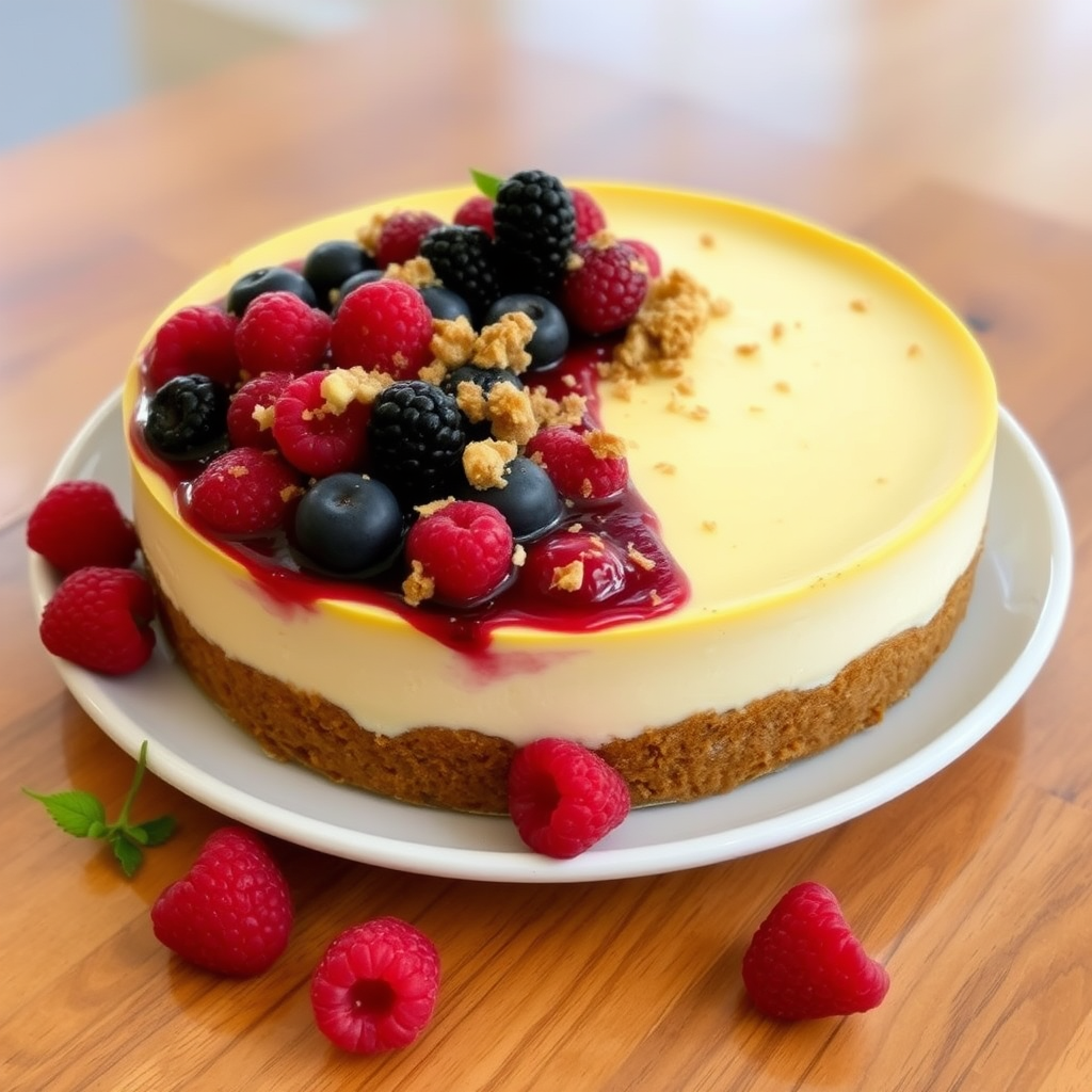 A delicious cheesecake topped with a layer of mixed berries and a crumbly topping, placed on a white plate with fresh raspberries scattered around, set on a wooden surface.