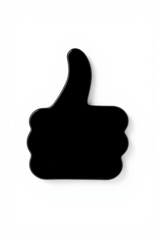 Create a high-resolution image of a black thumbs-up icon on a clean white background captured with a DSLR camera at f/4 aperture, ISO 100, 1/200 sec shutter speed, with a 50mm lens in a macro view to enhance detail and clarity.