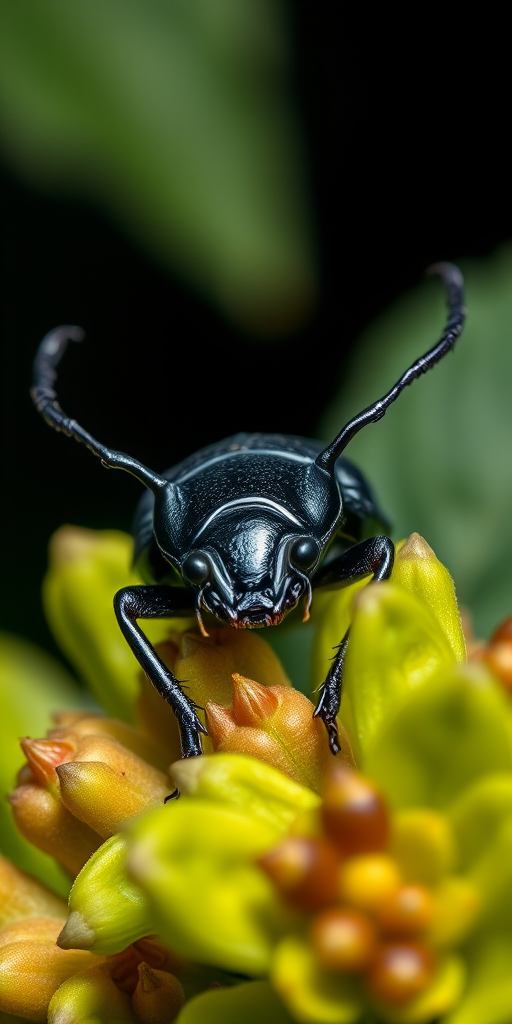 Close-up of a rhinoceros beetle on green foliage, shot with a macro lens at f/8 aperture, ISO 100, 1/200s shutter speed, centered composition, natural light with a dark background, high-resolution DSLR camera.