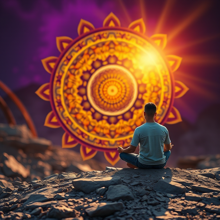 Create an artistic depiction of a person sitting cross-legged on a rocky surface, gazing at a large circular mandala emitting colorful rays, with vibrant hues of purple, gold, and orange in the background, using a DSLR camera with a 50mm lens, aperture f/1.8, ISO 200, and a soft focus effect for enhanced depth.