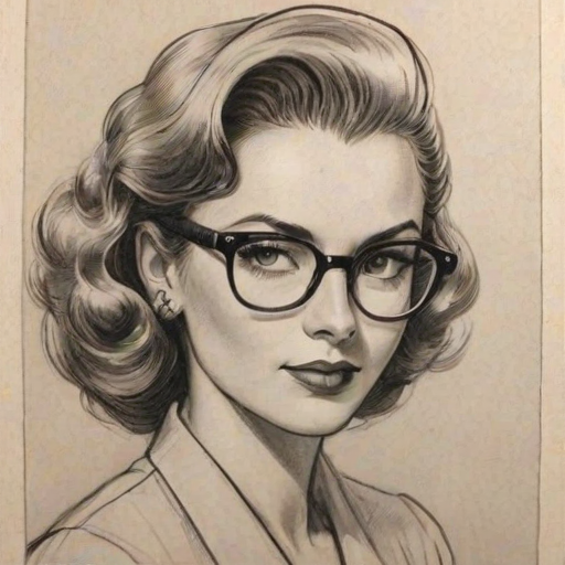 Enticing Mariana Trevi'o, pencil sketch, portrait of Appealing woman 1940s in glasses, hair style beatnik, outline, clear lines, fine lines, 8k