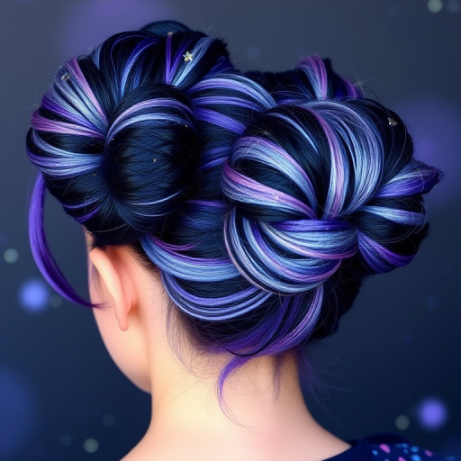 Mystical Galaxy Space Buns featuring swirling patterns of deep indigo, shimmering silver, and iridescent purple, accented with tiny star-shaped hair clips for an out-of-this-world appearance