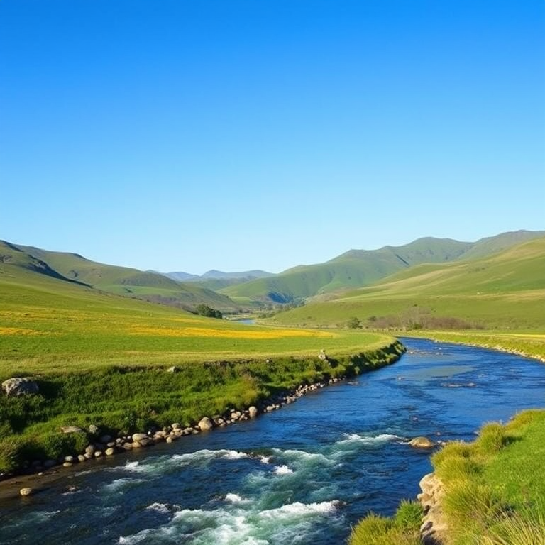 Generate an image of a serene landscape with rolling green hills, a clear blue sky, and a flowing river through the foreground, shot with a DSLR camera at f/8 aperture, ISO 100, with a 50mm lens, using a wide-angle view to capture the expanse of the scene in daylight.