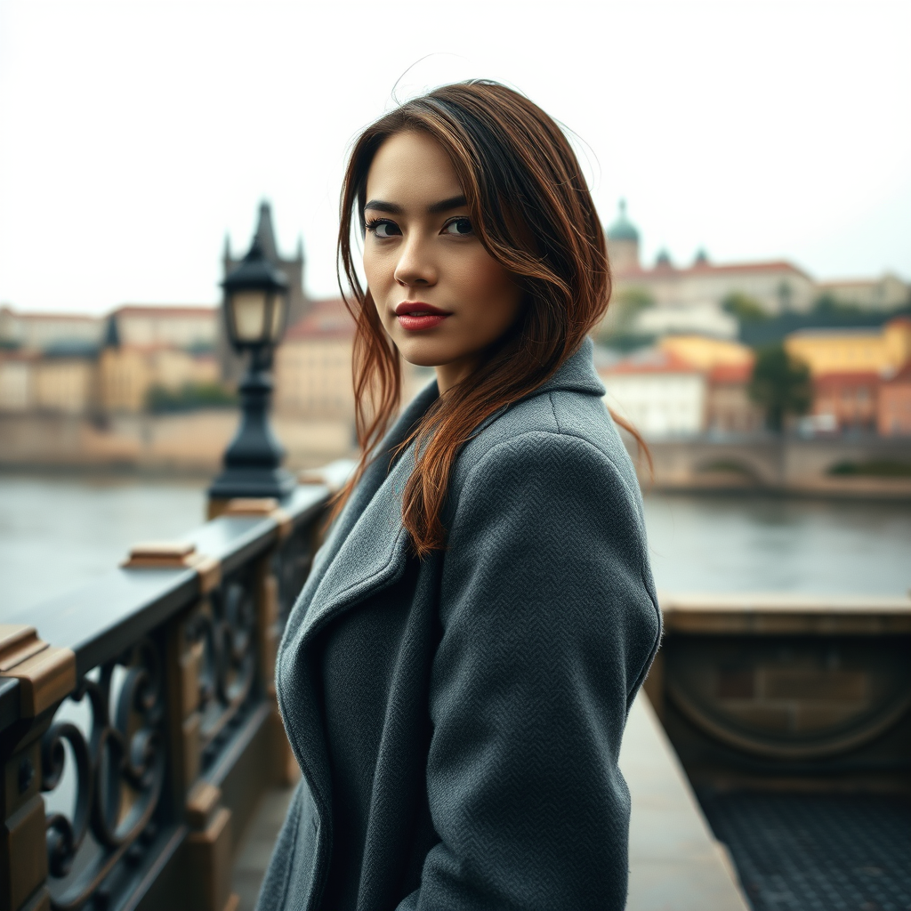cinematic photo from above, waist up shot, sharp focus, a beautiful woman in foreground, in Prague, at the Charles Bridge, river in background, overcast rainy day, wearing long grey wool coat, warm rich color palette