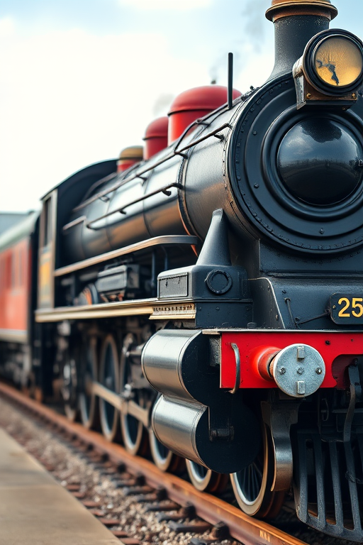regenerate an image of a vintage steam locomotive, side view, captured with a DSLR camera at f/8 aperture, ISO 100, shutter speed 1/250s, natural lighting, high dynamic range, vibrant color enhancement, sharp focus on locomotive details