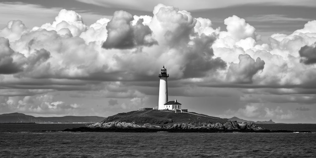 Regenerate the image of a lighthouse on an island in black and white with dramatic clouds, captured with a DSLR camera, 50mm lens, f/8 aperture, ISO 100, 1/250 sec shutter speed, in a landscape view to enhance details and depth.