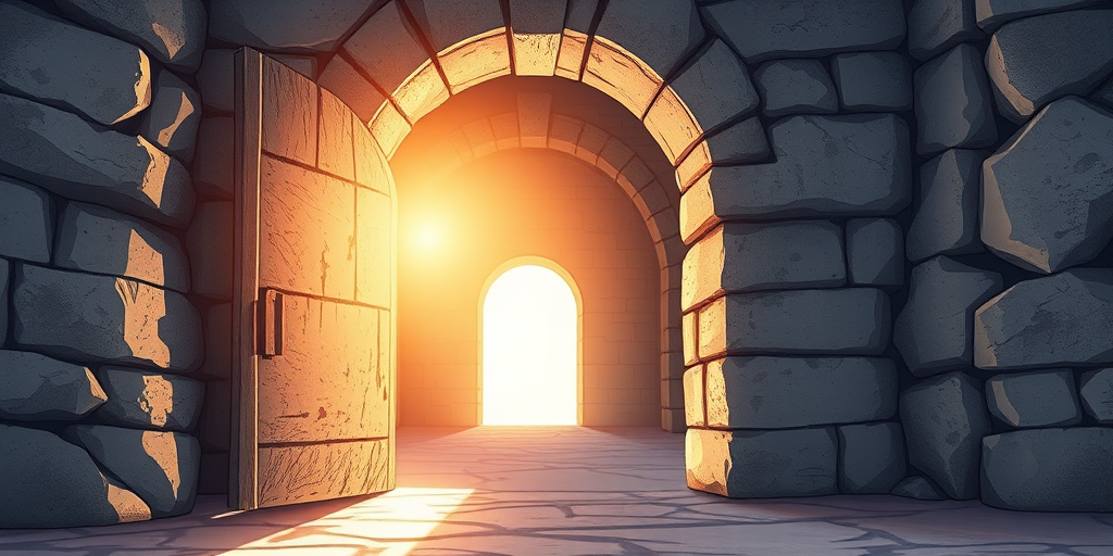 Create a detailed illustration of an ancient stone doorway partially open with bright light spilling out, showing a dimly lit chamber beyond, using high resolution, 50mm lens f/1.8, soft focus style, taken with a DSLR camera.