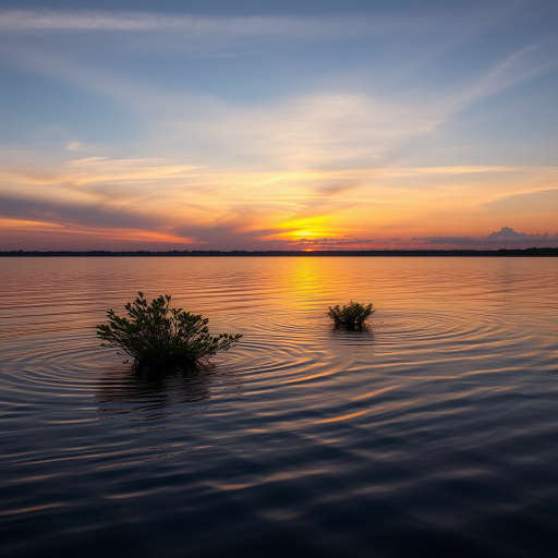 Capture a serene landscape of a lake at sunset with gentle ripples reflecting the colorful sky, featuring two small bushes in the shallow water, shot with a DSLR camera, 24mm lens, f/11 aperture, ISO 100, and shutter speed 1/125 sec, using a wide-angle view for enhanced depth and clarity.