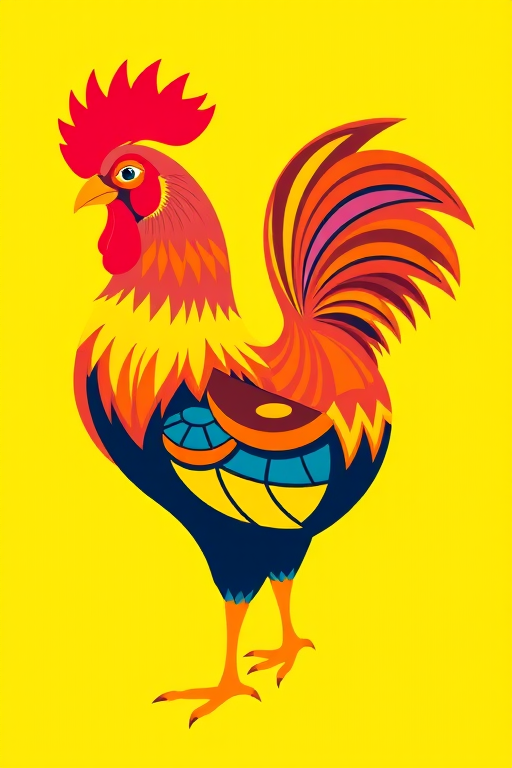 Create a vibrant, stylized illustration of a decorative rooster with bold colors and geometric patterns, using a DSLR camera at f/2.8 aperture, 50mm lens, and natural lighting to enhance the saturation and contrast.