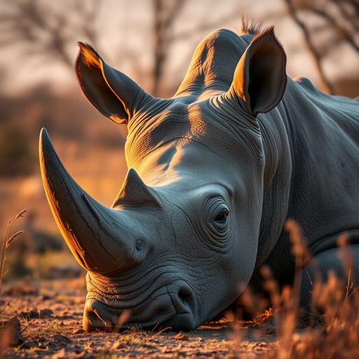 Capture a close-up shot of a resting rhinoceros in a natural setting during golden hour, using a DSLR camera with a 50mm lens, aperture set to f/2.8 for a shallow depth of field, ISO 200, shutter speed at 1/200 sec, and focusing on the texture of the rhino's skin while softly blurring the background.