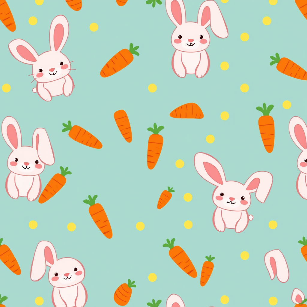 Create a vibrant and playful pattern featuring cute cartoon rabbits with large ears and smiling faces next to bright orange carrots on a teal background with small yellow polka dots, captured in high resolution using a DSLR camera with a 50mm lens, f/2.8 aperture, 1/125s shutter speed, and set to a vibrant color profile.