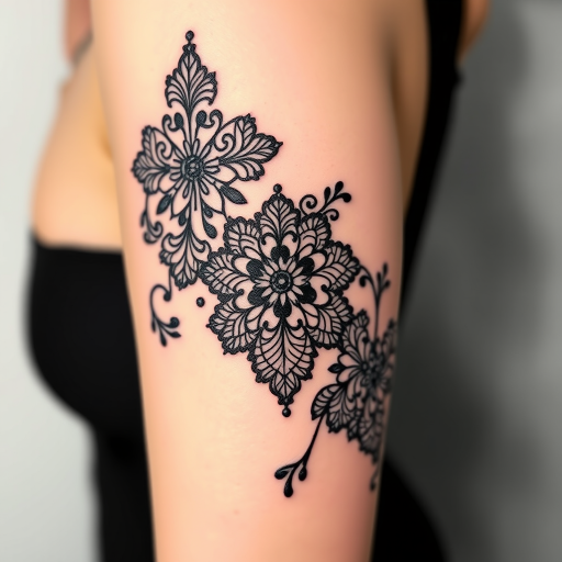 Ornamental blackwork tattoo titled "Lace Elegance" showcasing intricate patterns inspired by delicate lace designs, creating the illusion of fabric adorning the skin with meticulous attention to detail