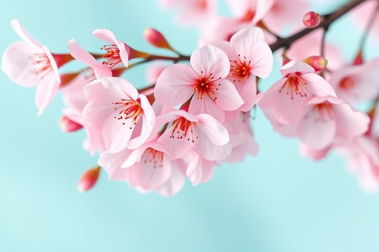 a close-up shot of delicate pink cherry blossoms arranged elegantly against a soft teal background, using a DSLR camera with a 50mm lens at f/1.8, ISO 100, and natural soft lighting to enhance the colors and details
