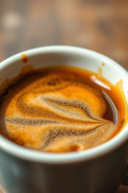 A close-up shot of a coffee cup with splashes and stains, soft focus, natural light, aperture f/2.8, shutter speed 1/60s, ISO 200, DSLR camera, watercolor effect background.