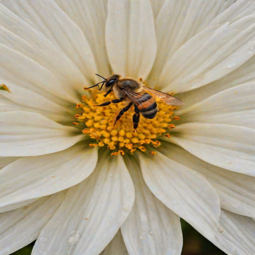 A close-up photo of a bee with orange and black stripes resting on the center of a large white flower, showcasing delicate petals and intricate details of the bee and flower.