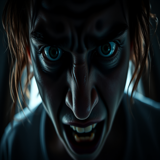 create a haunting portrait of a terrified individual with wild eyes and a distressed expression, using a Canon EOS R5 camera at f/1.8 aperture, ISO 100, 1/60 sec shutter speed, captured in a close-up shot with dramatic lighting and a low-angle view to enhance emotional intensity.