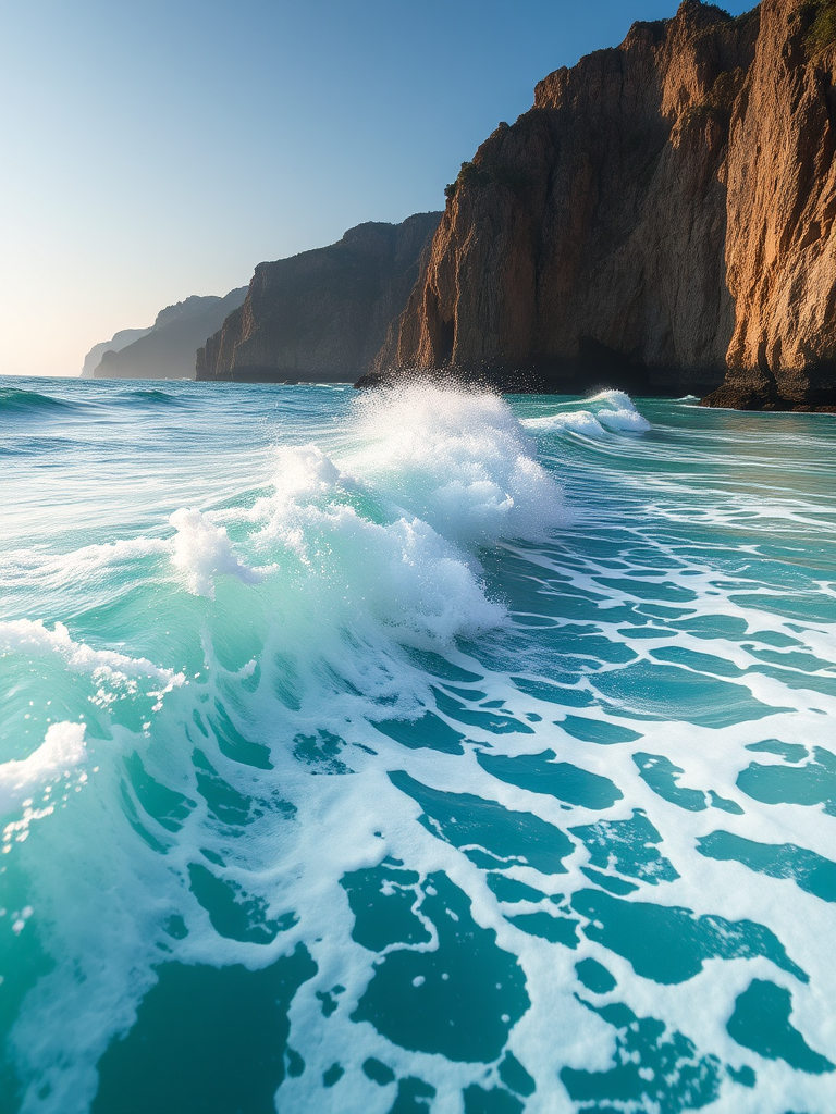 capture a vibrant seascape with crashing waves and rugged cliffs in the background, mid-afternoon lighting, wide-angle lens, aperture f/8, shutter speed 1/500s, ISO 200, DSLR camera