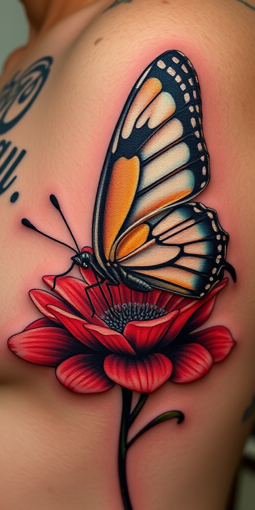 Hyper-realistic 3D tattoo titled "Living Canvas" portraying a lifelike butterfly perched on a flower, seemingly ready to take flight from the skin, with intricate details and shading creating an astonishing illusion of depth and texture