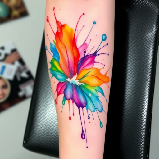 Vibrant watercolor tattoo named "Spectrum Splash" featuring a cascading rainbow of fluid colors blending seamlessly across the skin creating an abstract masterpiece of hues and tones