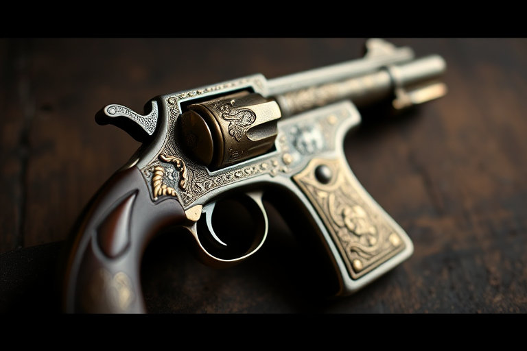 high-resolution image of an ornate antique pistol with intricate designs, side view, soft diffused lighting, shallow depth of field, focused on details, camera settings: f/2.8, 1/60s, ISO 100, lens: 50mm prime, DSLR camera
