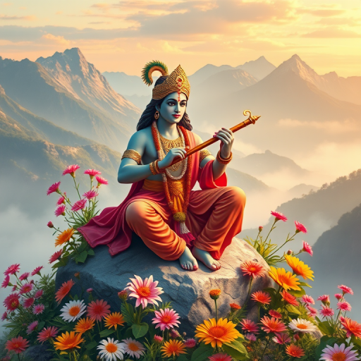 Create a vibrant illustration of Lord Krishna seated on a rock surrounded by lush flowers, holding a flute, with misty mountains in the background, using a Canon EOS R5 with a 50mm lens, aperture set to f/1.8, ISO 100, and a soft golden hour light for enhanced details and colors.