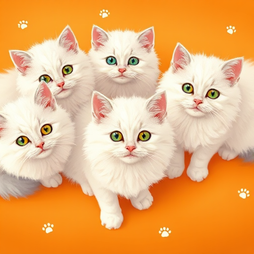 Create a high-resolution illustration of fluffy white cats with vibrant green eyes on a warm orange background, evenly spaced, with paw prints scattered around, using a DSLR camera type, 50mm lens, f/1.8 aperture, 1/125 shutter speed, and ISO 200 for enhanced detail and color richness.