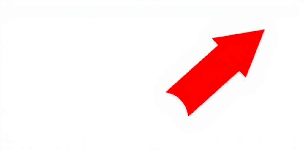 Create an image of a stylized red arrow pointing upwards and to the right, set against a clean white background, using a Canon EOS 5D Mark IV with an aperture of f/8, ISO 100, and a focal length of 50mm in a top-down view with a flat lay style.