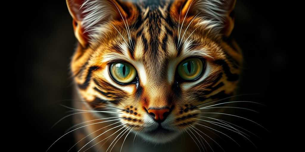 Create a high-resolution digital illustration of a cat with intricate fur patterns and bright green eyes, using a Canon EOS R5 camera at f/1.8, ISO 100, 50mm lens, top-down view, in a soft focus style enhanced by bright lighting and a dark background for contrast.