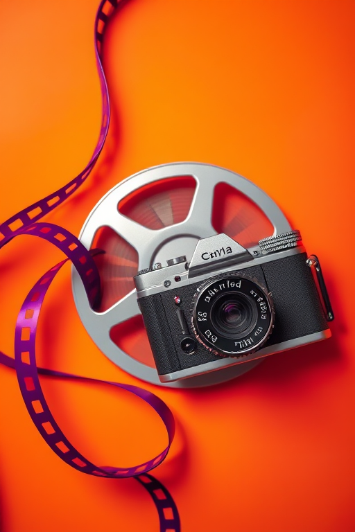 Create a vibrant, abstract composition that showcases a film reel and a classic film camera, emphasizing bold colors like orange and purple, with a soft focus effect, using a DSLR camera set to f/2.8, ISO 100, and a 50mm lens for clarity, shot from a top-down perspective.