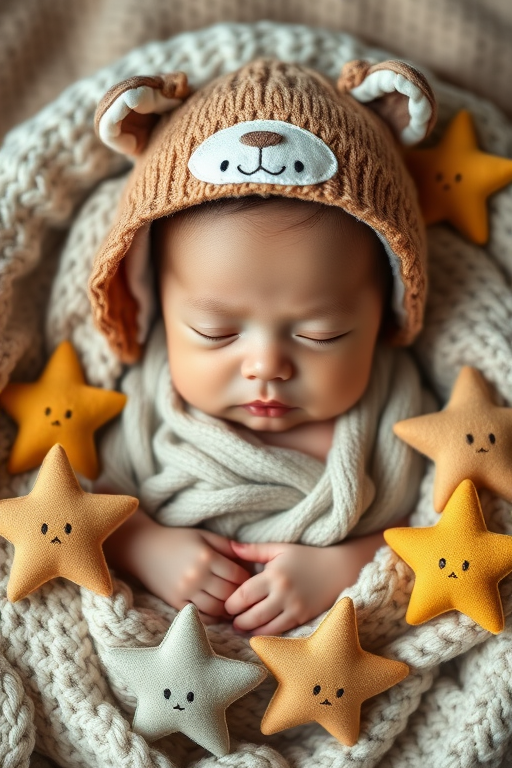 newborn baby sleeping in a cozy blanket with a cute animal hat surrounded by star-shaped toys, soft focus, natural light, aperture f/2.8, shutter speed 1/125s, ISO 200, 50mm lens, top-down view, professional DSLR camera