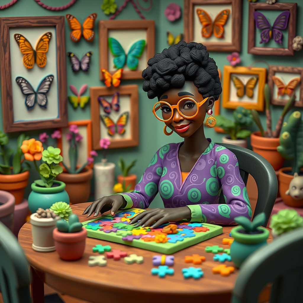 A vibrant and whimsical illustration of an african american woman sitting at a table working on a colorful jigsaw puzzle. she is wearing round glasses, and patterned clothing in shades of purple and green.  The background features an eclectic collection of framed butterflies, potted plants, and other natural elements, creating a warm and inviting atmosphere. The style is playful and modern, with rich textures, intricate details, and a lively color palette.