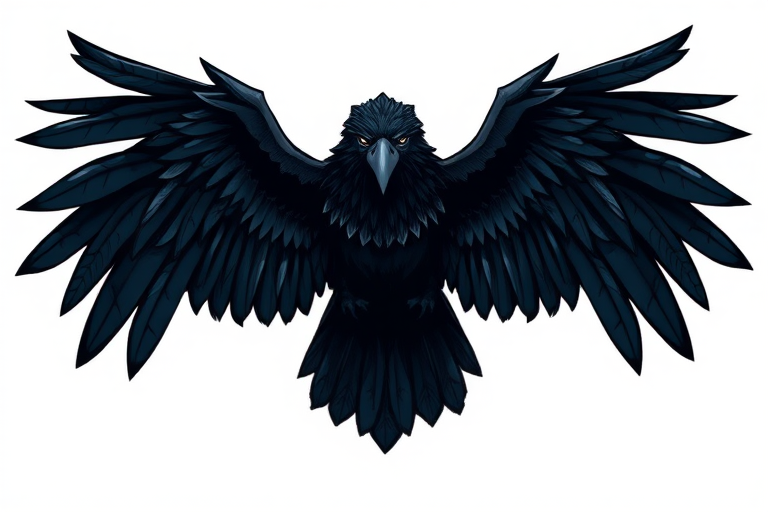 Create an illustration of a stylized raven with intricate feather details, wings spread wide, and a dark, mysterious atmosphere.