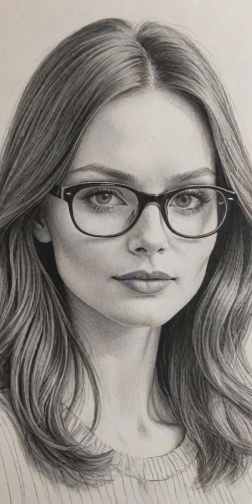 Charming Sophie Ellis-Bextor, pencil sketch, portrait of Sublime woman 1970s in glasses, hair style beatnik, outline, clear lines, fine lines, 8k