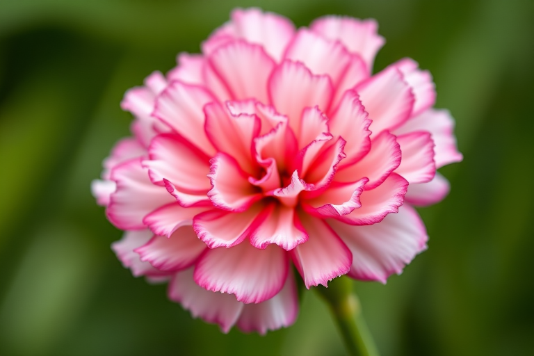 Close-up of a pink and white carnation flower against a blurred green background, using a macro lens, aperture f/2.8, shutter speed 1/200, ISO 100, shot from a low angle to emphasize the flower's details and create a bokeh effect, DSLR camera.