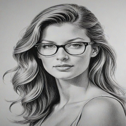 Attractive Gisele Bundchen, pencil sketch, portrait of Graceful woman 1953s in glasses, hair style beatnik, outline, clear lines, fine lines, 8k