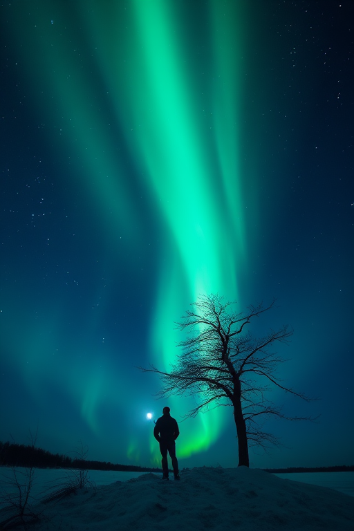 a silhouette of a person standing with a flashlight under a vibrant aurora borealis at night, a solitary tree in the foreground, captured with a Canon EOS R5, 24mm lens, f/2.8 aperture, ISO 1600, 15-second exposure, wide-angle view, long exposure photography style