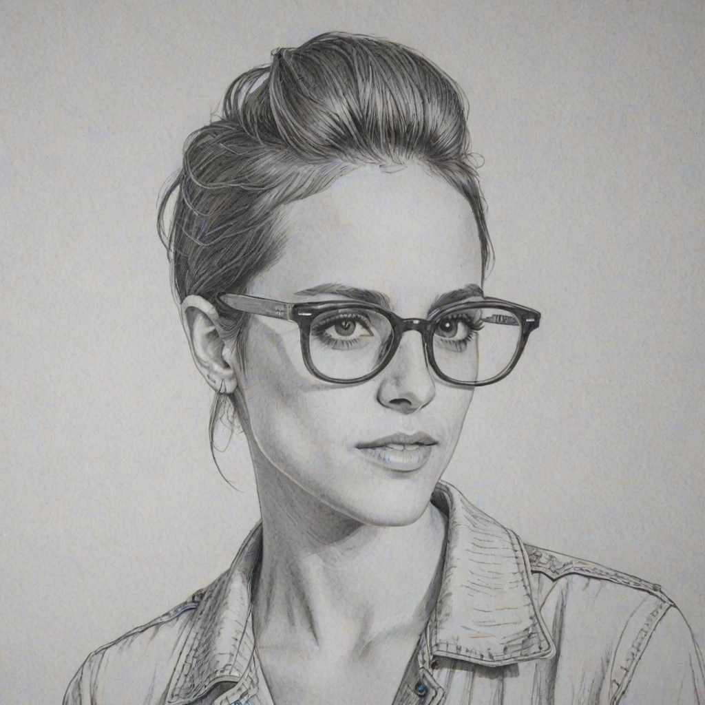 Radiant Samantha Ronson, pencil sketch, portrait of Radiant woman 1966s in glasses, hair style beatnik, outline, clear lines, fine lines, 8k