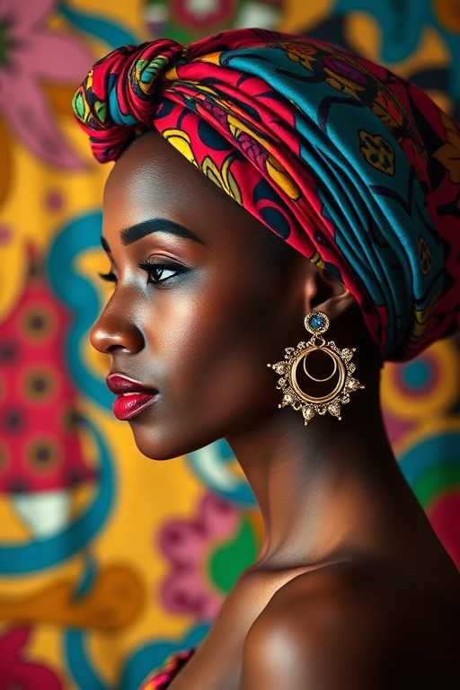 portrait of a woman wearing a colorful headwrap and earrings, vibrant background with abstract patterns, soft lighting, 50mm lens, aperture f/1.8, ISO 100, shot with a full-frame DSLR camera, side view