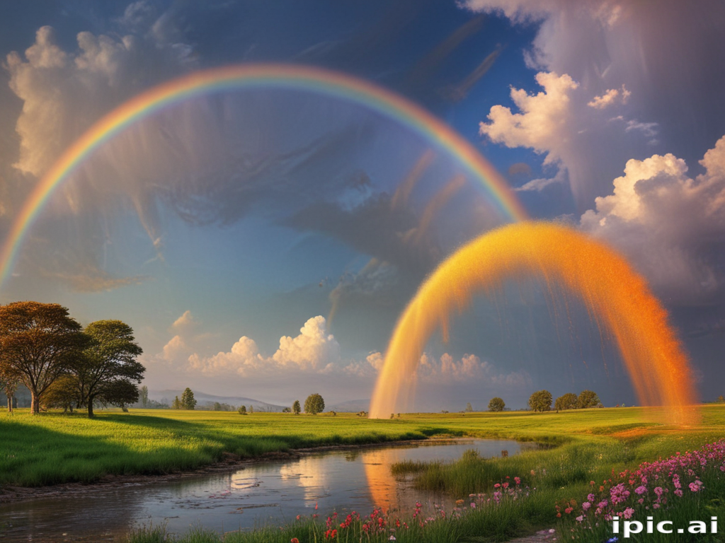 Vibrant Rainbows Arching Over a Serene Landscape with Colorful Flowers