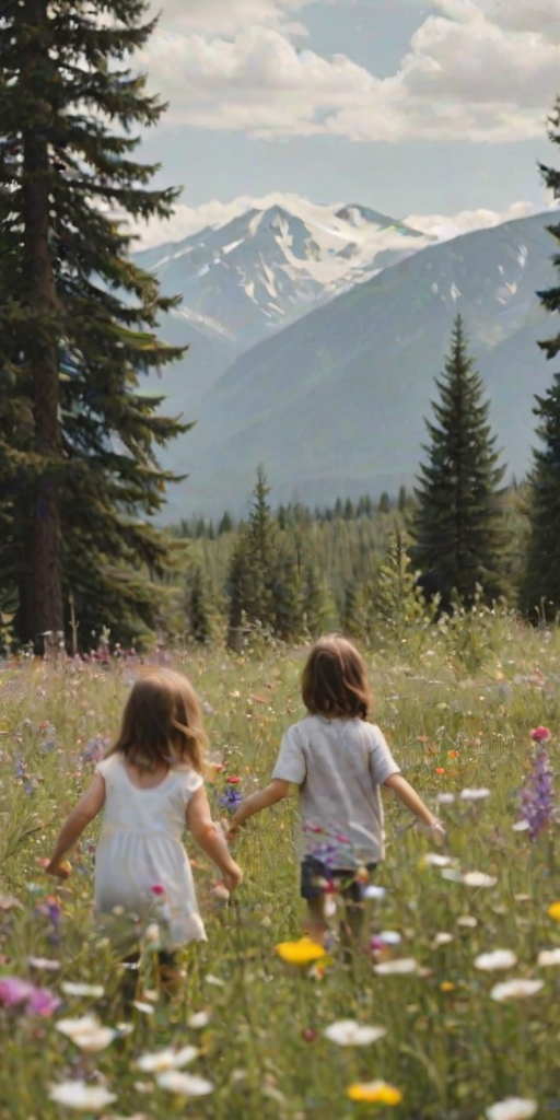 Blurry candid photo of children playing in a field of wildflowers, soft light filtering through the surrounding trees, with distant mountains barely visible through the haze.