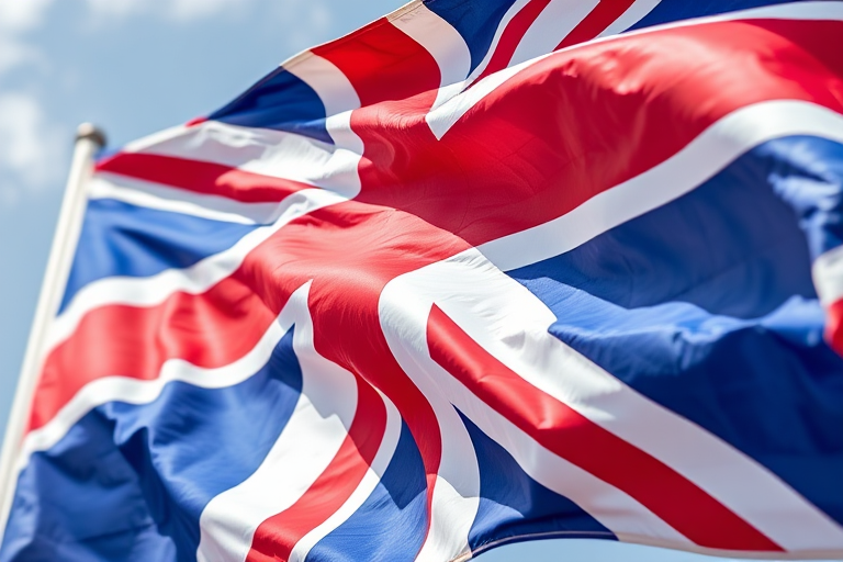 Create a high-resolution watercolor painting of the Union Jack flag waving in the wind, using a Canon EOS R5 with a 50mm lens, aperture f/1.8, ISO 100, shutter speed 1/200s, shot from a low angle to emphasize movement and detail in the fabric.