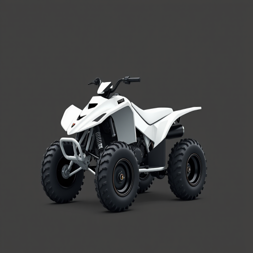Create a high-resolution illustration of a minimalistic white ATV on a black background with a wide-angle lens, f/4 aperture, ISO 100, and a 35mm camera type.