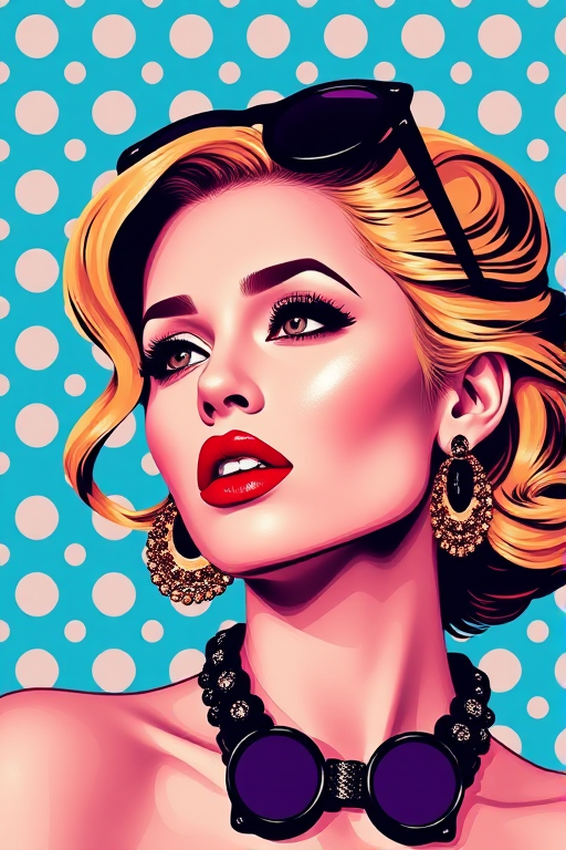 Create a vibrant pop art illustration of a glamorous woman with blonde hair and red lipstick, wearing bold accessories, against a bright blue polka dot background, captured with a Canon EOS R5, using a 50mm f/1.2 lens, with a shallow depth of field and bright, saturated colors.