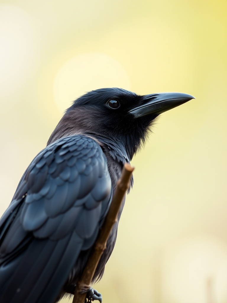 Capture a close-up of a black crow perched on a branch, with a shallow depth of field, using a DSLR camera, 200mm lens, aperture f/2.8, ISO 400, natural lighting, and a soft focus background to enhance image quality.