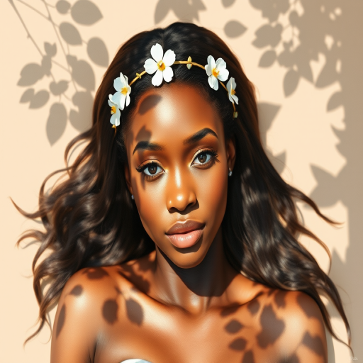 create a watercolor painting of an ethereal portrait of beautiful African American woman with a simple white flower crown on her head. Her hair is long and she is lying on the ground. The sunlight on the trees casts shadows from the leaves on her face and body. The background is a neutral brown color that matches her skin tone. The image is minimalist and solid colors. This style is characterized by soft, delicate brushstrokes and a light, airy, contrasting color palette. High level of detail and play of light