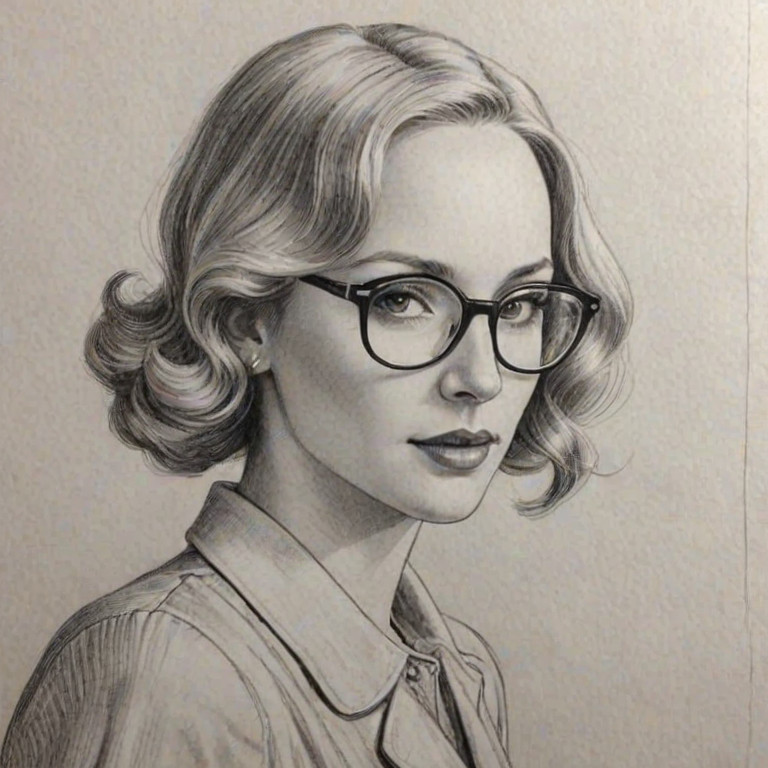 Fascinating Candice King, pencil sketch, portrait of Magnificent woman 1930s in glasses, hair style beatnik, outline, clear lines, fine lines, 8k