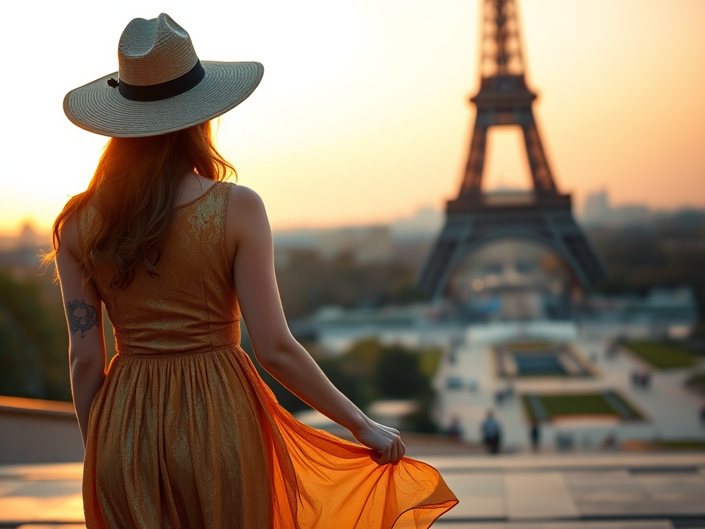 A woman in a flowing golden dress and a wide-brimmed hat walking towards the Eiffel Tower at sunset, soft golden light, Canon EOS R5, 85mm lens, f/1.8 aperture, ISO 200, shallow depth of field, portrait style, warm color palette.